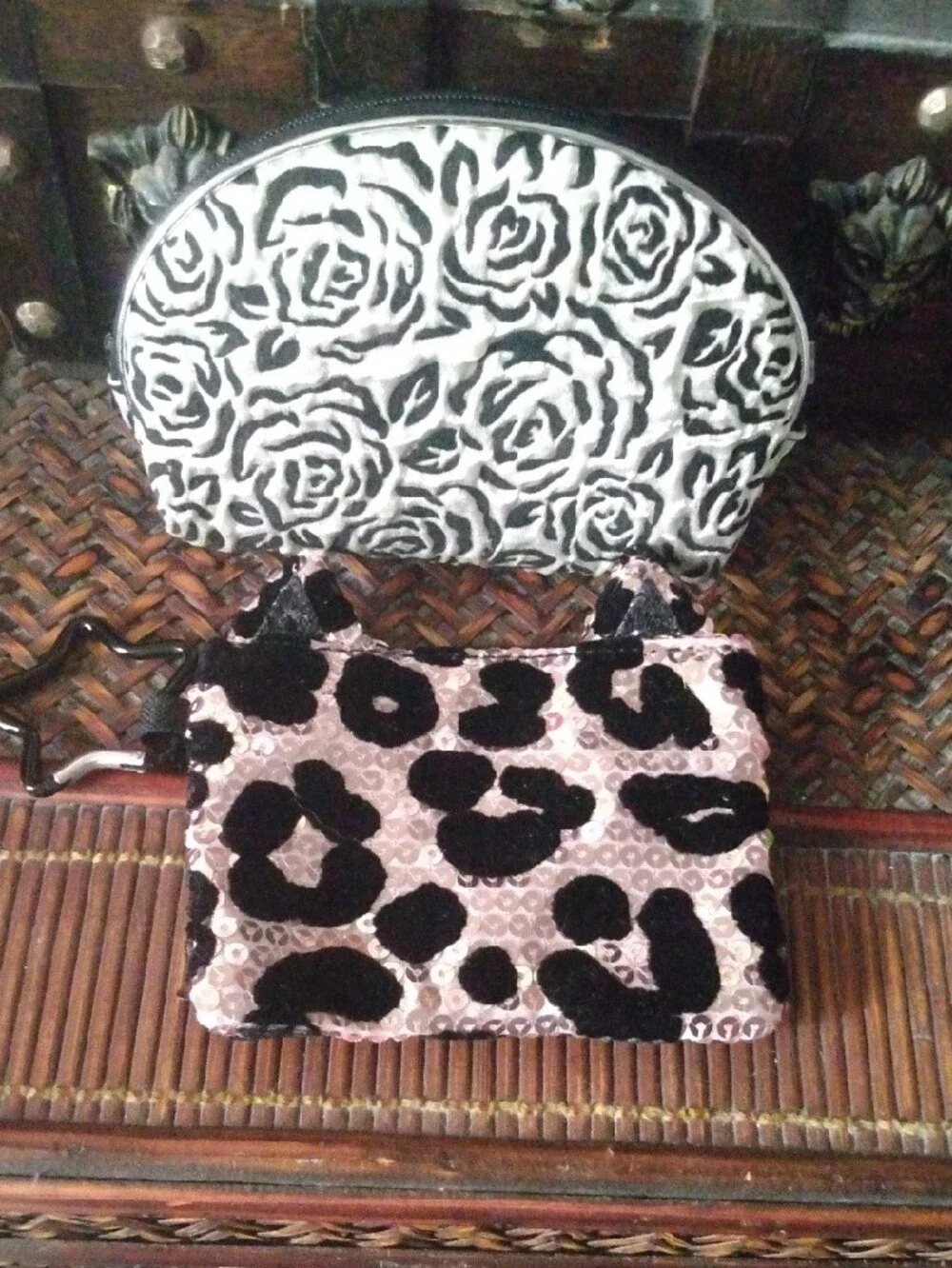 3 Stylish Black & White Floral and 1 Leopard Print Women's Coin Purses
